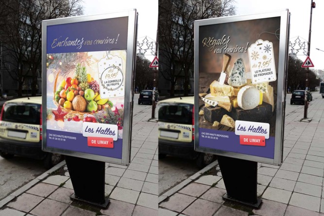 affiches abribus offres fêtes de fin d'année corbeille de fruit et plateau de fromages les halles de limay