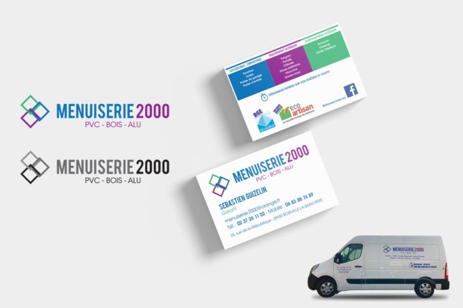 logo identité visuelle Menuiserie 2000 carte de visite camion