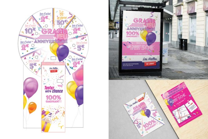 Campagne communication jeu anniversaire 100% gagnant : roue, abribus, flyer