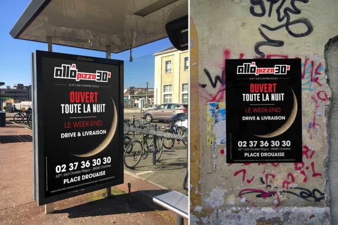 Affiche urbaine et abribus Allo Pizza 30 Chartres drive et livraison de nuit