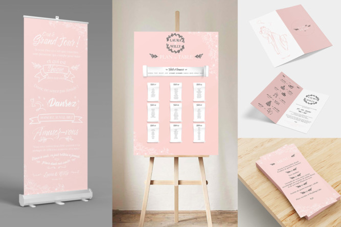 communication mariage : roll-up, plan de table sur chevalet, faire part rose et menu